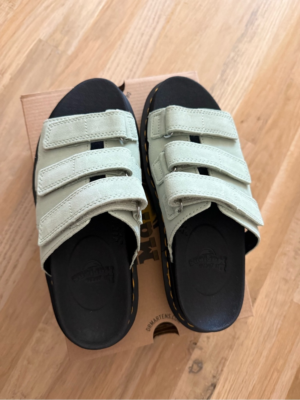 Dr. Martens Sage Green Triple-Strap Slide Mules with Black Footbed